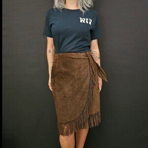 Vintage Dakota by Robert Elliot Suede Leather Dark Brown Fringe Wrap Skirt